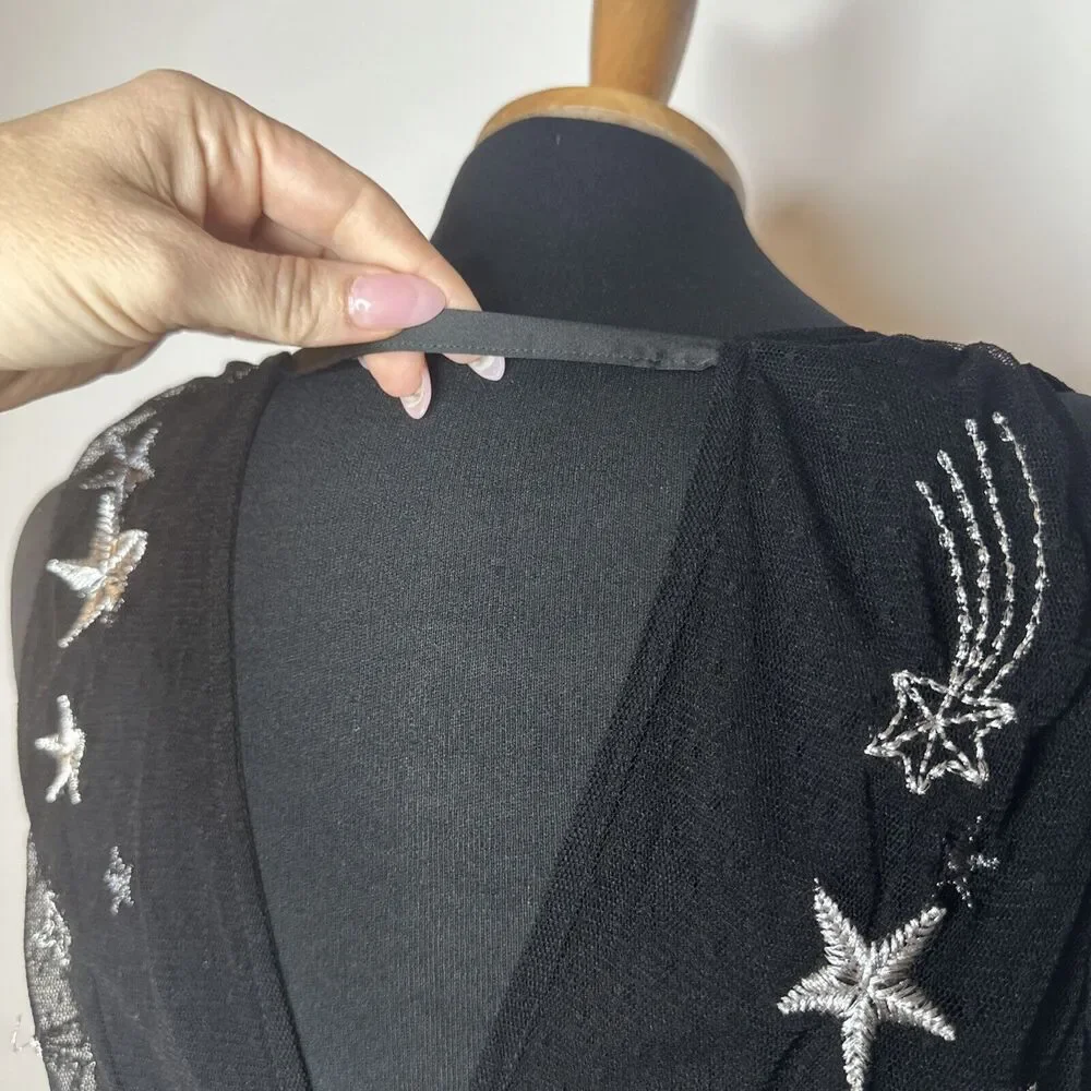 Vintage Express Embroidered Star Black Peplum VNeck Sheer Tank Rhinestones Sz 4 - Picture 9 of 13